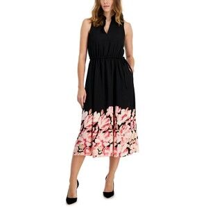 Anne Klein Womens Jenna Floral-Hem Drawstring-Waist Midi Dress Black Camellia, S